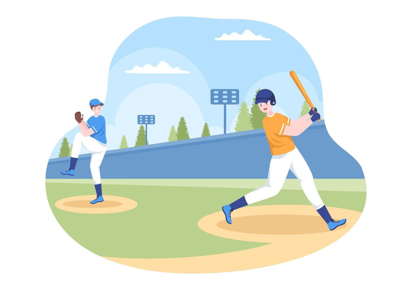 il giocatore di baseball fa sport lanciando, catturando o colpendo una palla con mazze e guanti che indossano l'uniforme sullo stadio del campo in un'illustrazione piatta del fumetto vettore