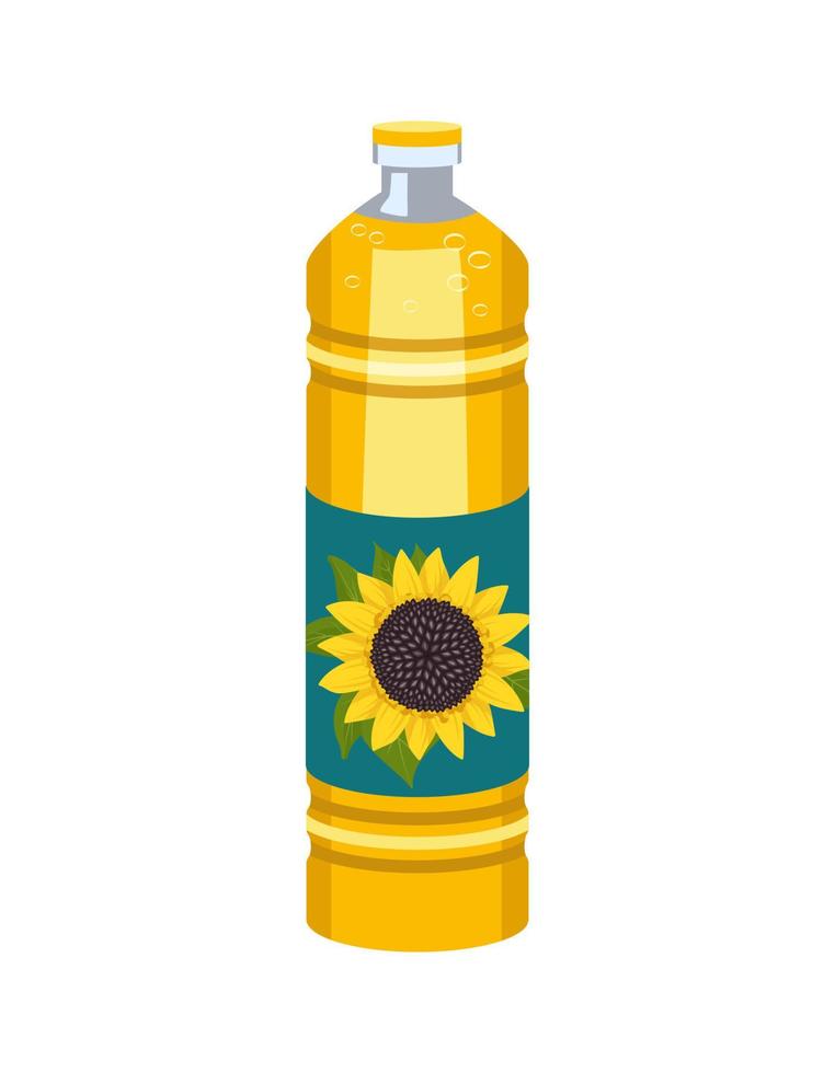 bottiglia di olio vegetale di girasole. confezione in plastica trasparente con liquido di cottura giallo. fonte di vitamine, condimento per insalate e dolci. illustrazione piatta vettoriale