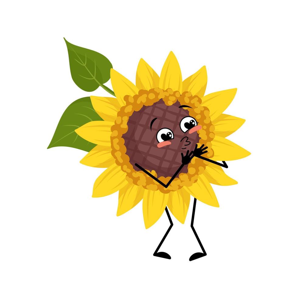 personaggio girasole con emozioni d'amore, viso sorridente, braccia e gambe. persona pianta con espressione felice, emoticon fiore giallo sole. illustrazione piatta vettoriale
