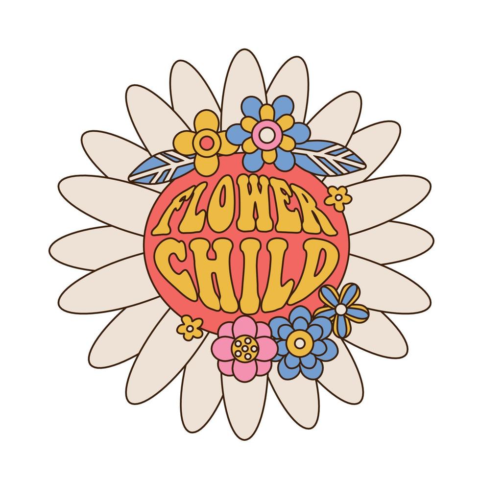 figlio dei fiori - slogan retrò anni '70 flower power lettering con fiori hippie groovy in cerchio stampato a forma di grande margherita per maglietta e adesivo da ragazza. illustrazione vettoriale lineare vevrabt.