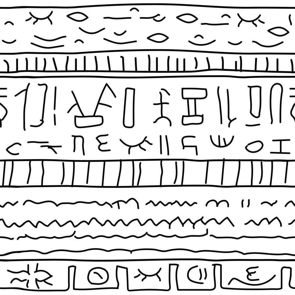 vettore tribale bianco nero egiziano astratto ripetere motivo di confine senza soluzione di continuità. l'illustrazione contiene elementi di rettangoli egizi disegnati a mano, forme, geometria, occhi, simboli inesistenti sconosciuti