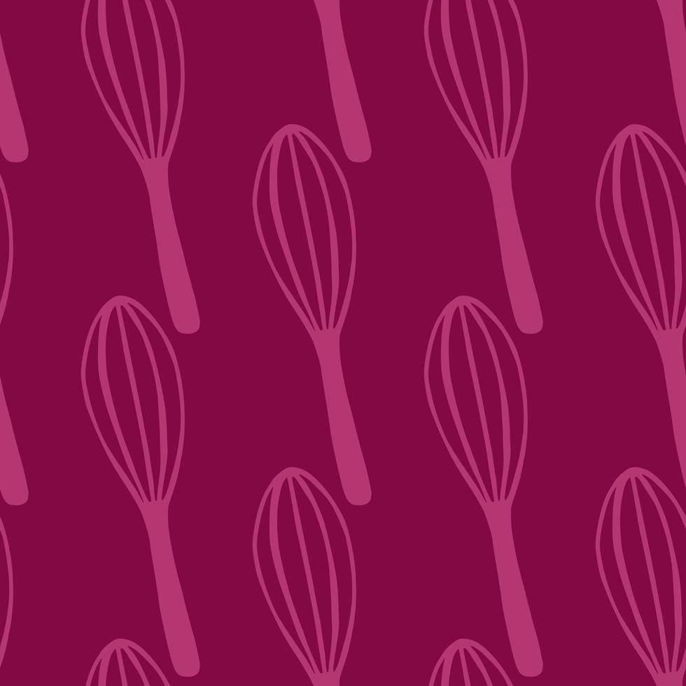 modello senza cuciture di utensili da cucina con elementi di corolla di doodle. grafica con tavolozza rosa scuro. stampa di utensili da cucina. vettore