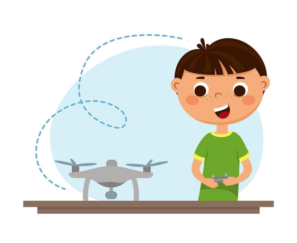 il ragazzo controlla il quadrirotore dal telecomando. programmazione robotica per bambini. illustrazione vettoriale isolato su uno sfondo bianco