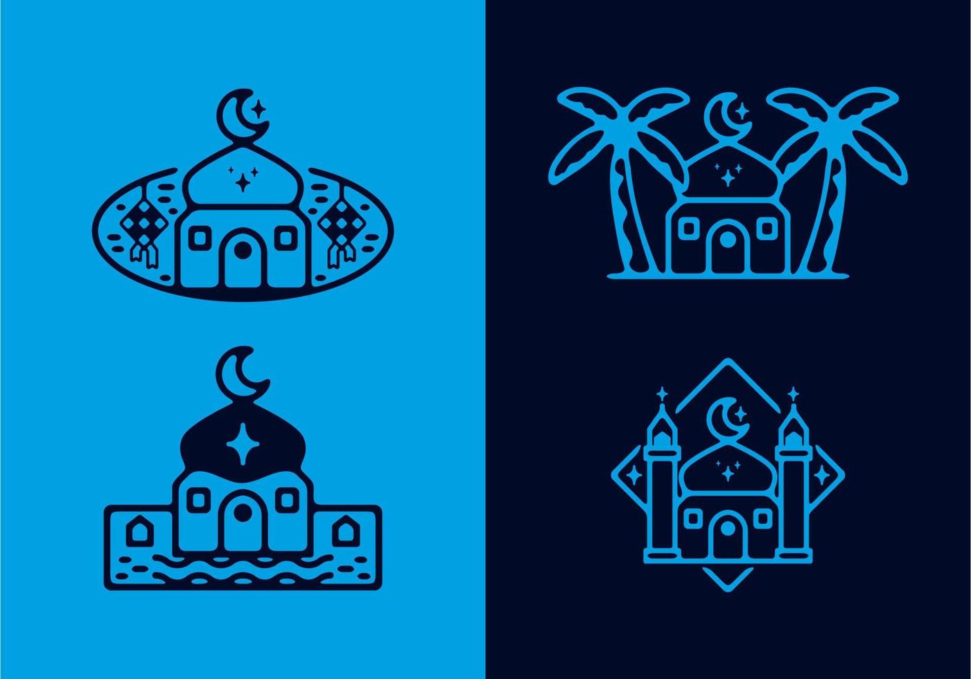collezione moschea ambientata in colore blu brillante e scuro vettore