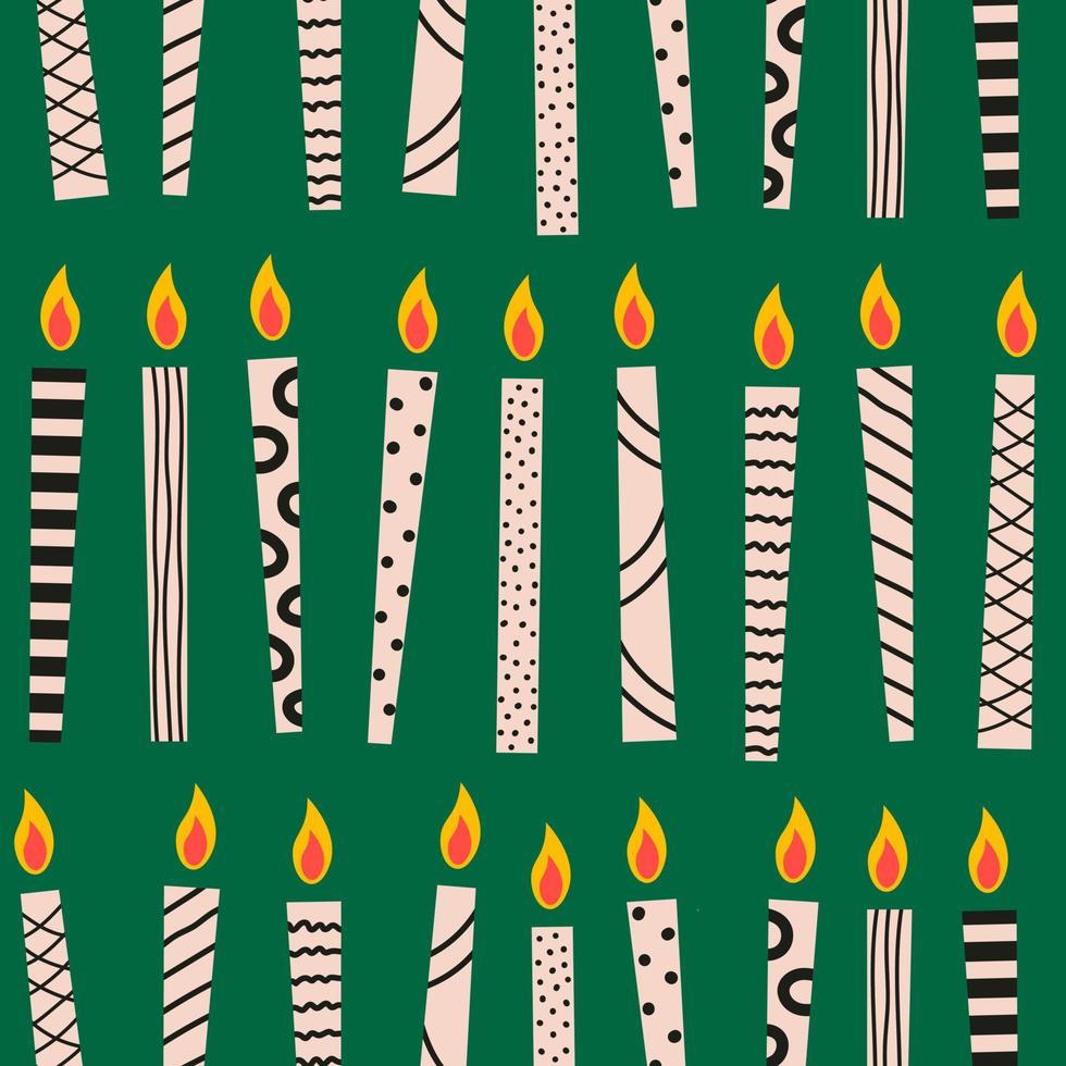 modello astratto senza cuciture di candele torta di compleanno con diverse linee, punti, curve su sfondo verde. illustrazione vettoriale festiva alla moda