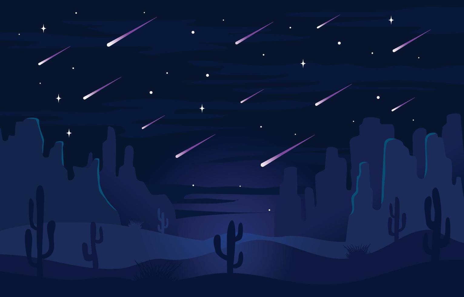 scenario di pioggia di meteoriti di notte nel deserto vettore