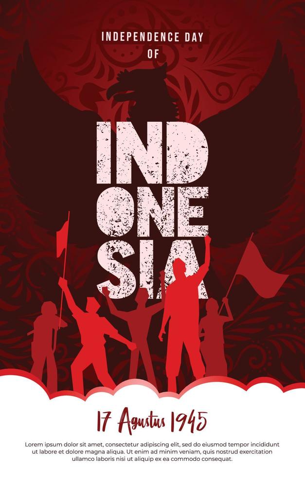 poster del giorno dell'indipendenza dell'indonesia rosso e bianco con garuda e batik vettore