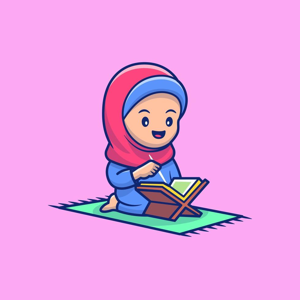 ragazza musulmana seduta e recitando quran fumetto icona vettore illustrazione. persone religione icona concetto isolato premium vettore. stile cartone animato piatto
