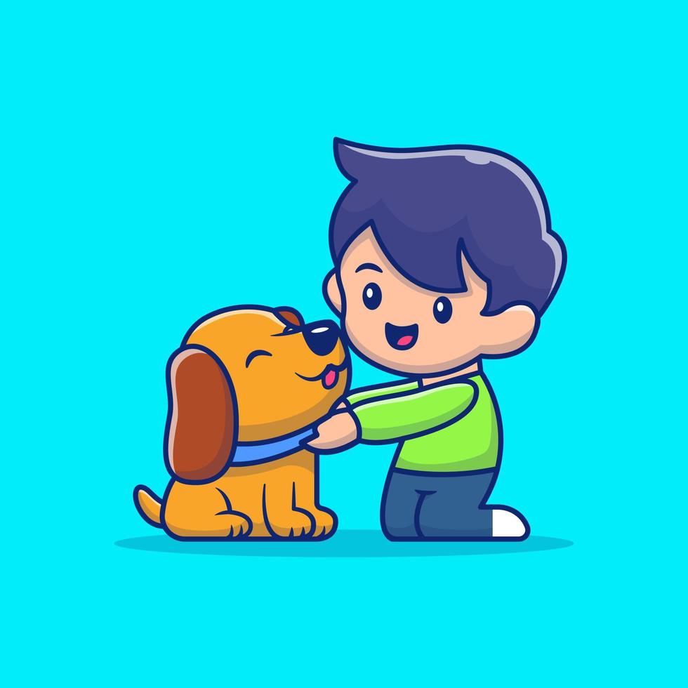 carino ragazzo con cane cartone animato icona vettore illustrazione. persone animale icona concetto isolato premium vettore. stile cartone animato piatto