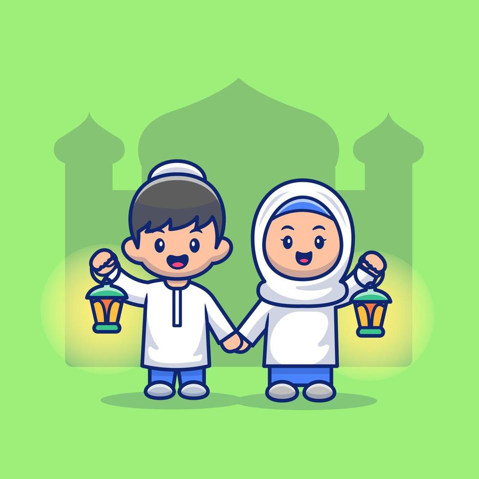 illustrazione musulmana dell'icona di vettore del fumetto della ragazza e del ragazzo che tengono l'illustrazione dell'icona di vettore del fumetto della lanterna. persone religione icona concetto isolato premium vettore. stile cartone animato piatto