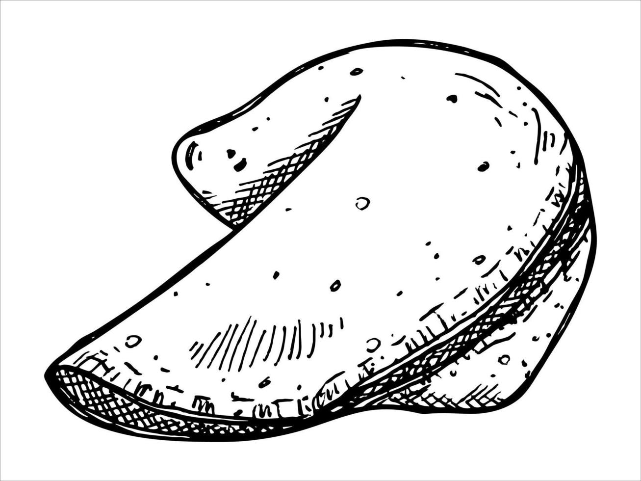 biscotto della fortuna cinese disegnato a mano di vettore isolato su sfondi bianchi. illustrazione del cibo. biscotto croccante con un pezzo di carta bianco all'interno. per stampa, web, design, arredamento, logo.