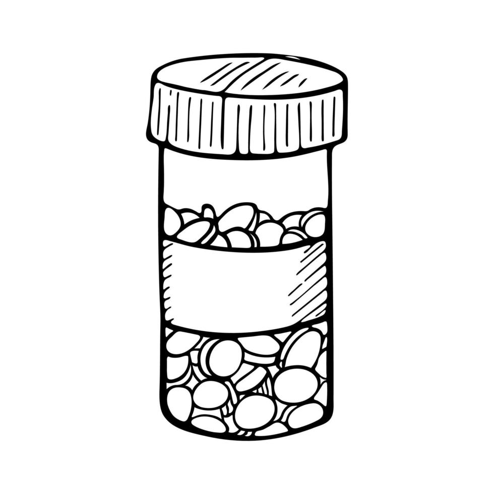 pillole di schizzo vettoriale, tablet, capsula e bottiglia di pacchetto isolati su sfondo bianco. illustrazione medica disegnata a mano. per stampa, web, design, arredamento, logo. vettore