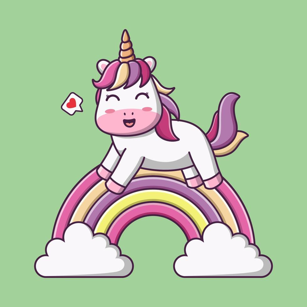 simpatico cartone animato unicorno su un arcobaleno, illustrazione di cartoni animati vettoriali, clipart cartoni animati vettore