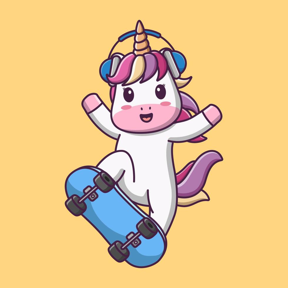 simpatico cartone animato unicorno su skateboard, illustrazione di cartoni animati vettoriali, clipart cartoni animati vettore