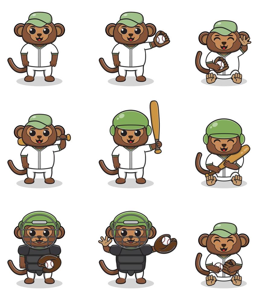 illustrazione vettoriale di scimmia carina con costume da baseball. set di simpatici personaggi di scimmie.