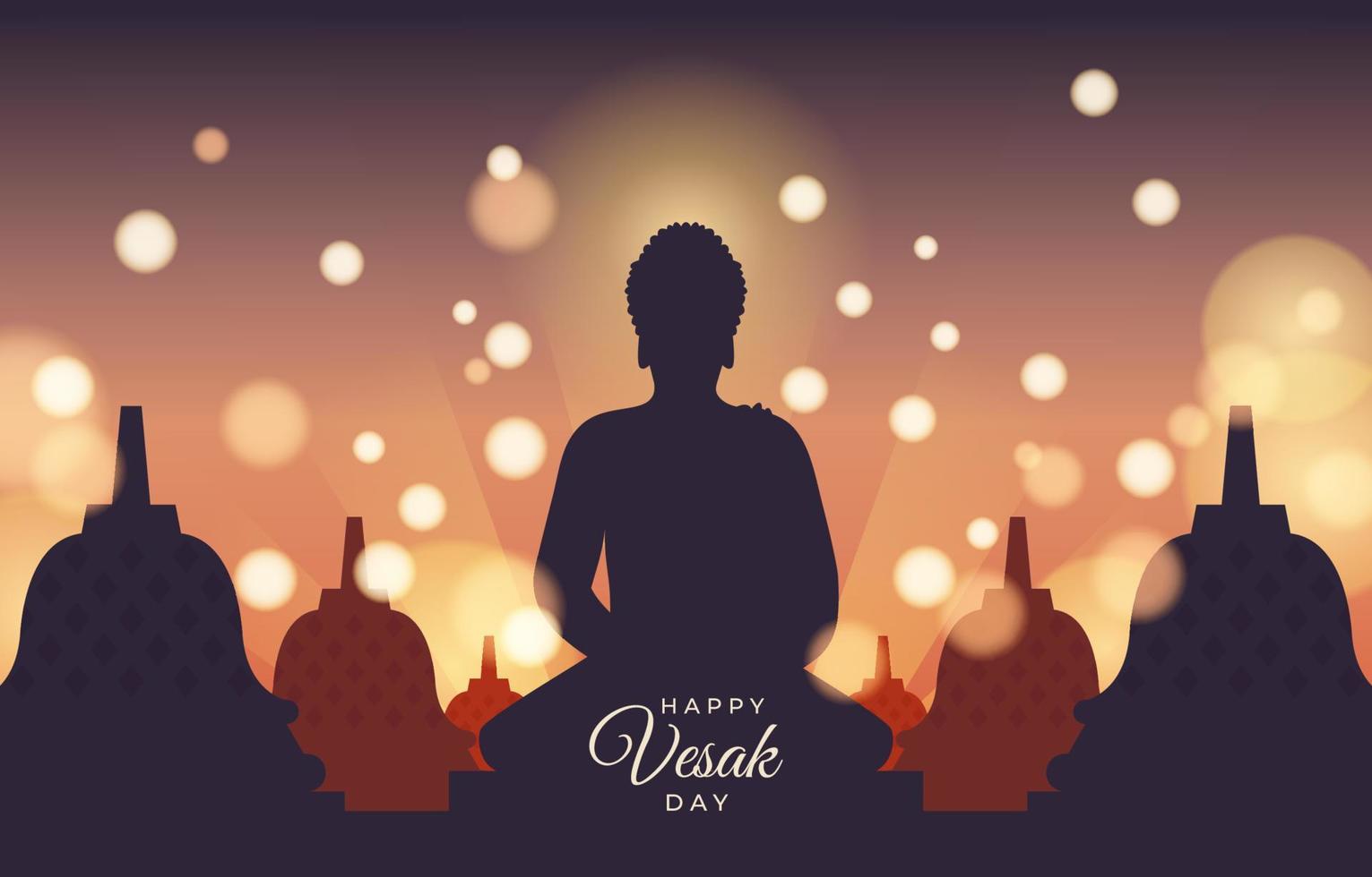 concetto di giorno di vesak con silhouette del tempio di buddha e bokeh vettore