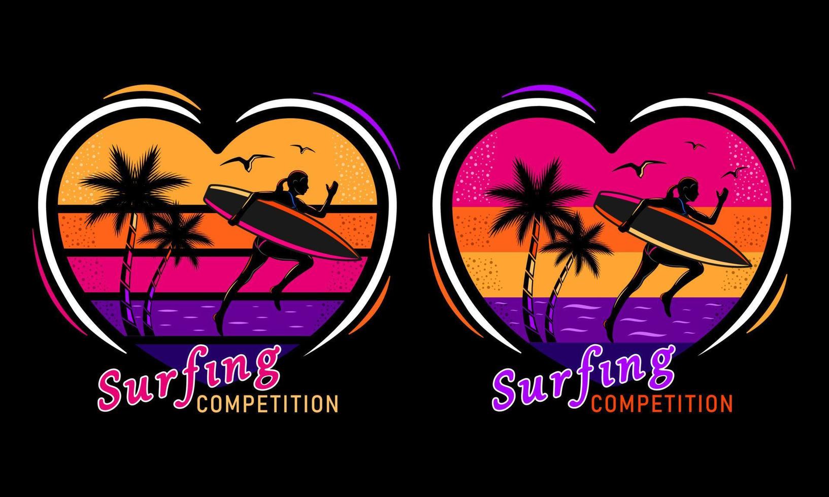 camicia di stampa della siluetta della donna di surf della spiaggia del tramonto che corre vettore
