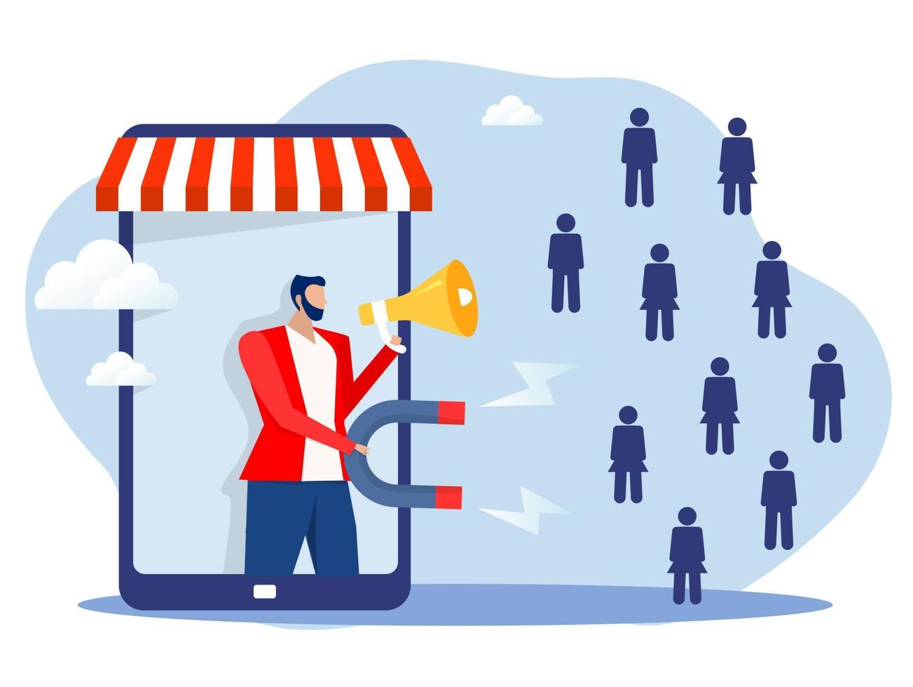 l'uomo d'affari che utilizza il megafono con il magnete della tenuta attira le icone dei nuovi clienti. piatto social media inbound marketing concetto piatto illustrazione vettoriale