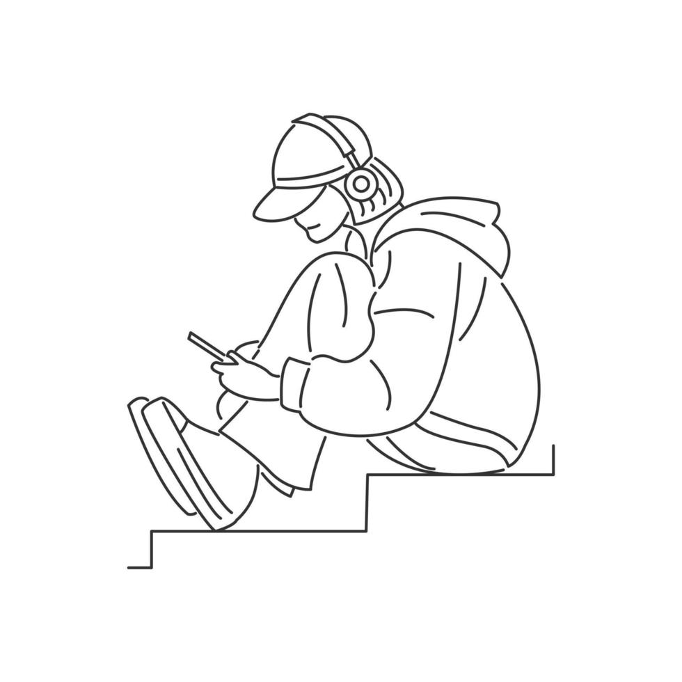 la giovane donna è seduta rilassata sulle scale ascoltando musica attraverso il suo cellulare. cartone animato in stile minimal vettore