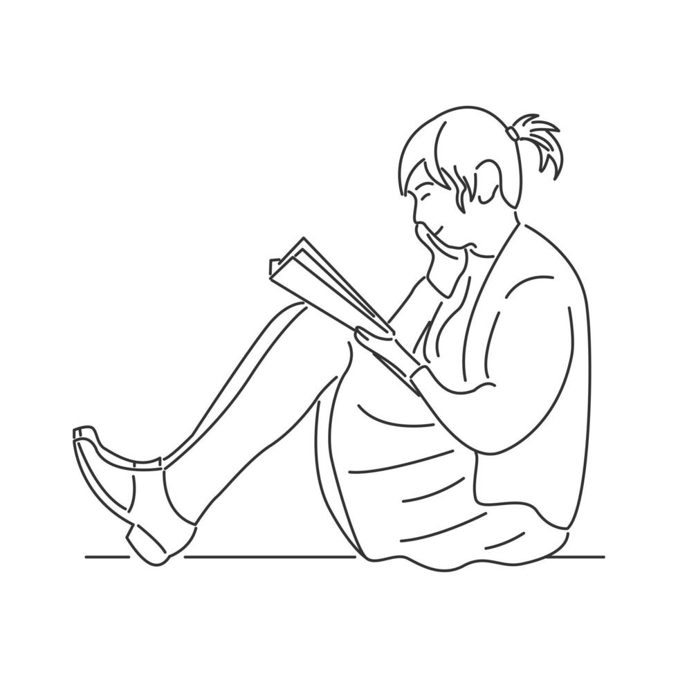 giovane donna seduta e leggere un libro in stile cartone animato minimale vettore