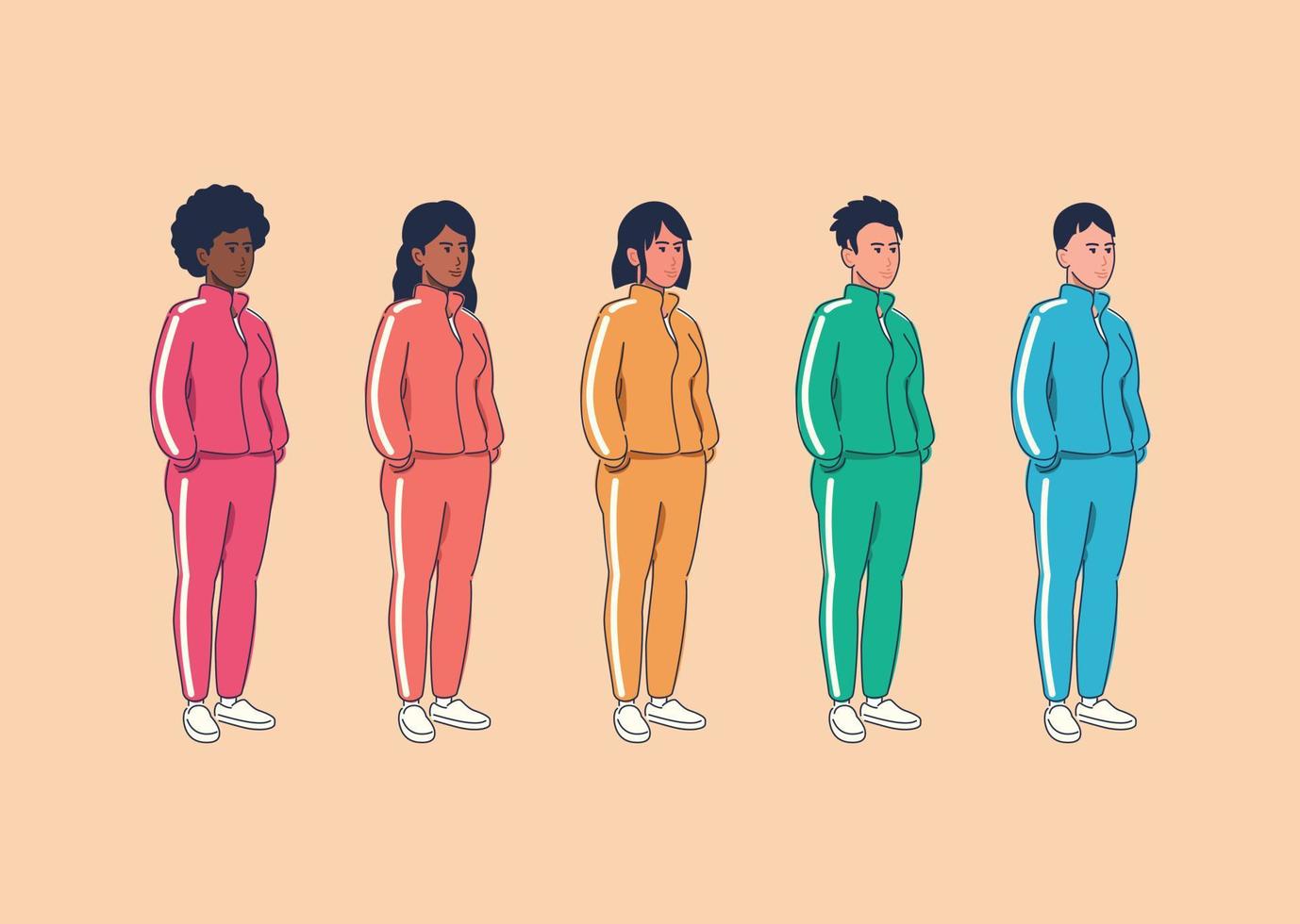 gruppo eterogeneo di donne in tuta. set vettoriale di femmine multirazziali in pantaloni e giacche sportive a colori, illustrazione dei personaggi.