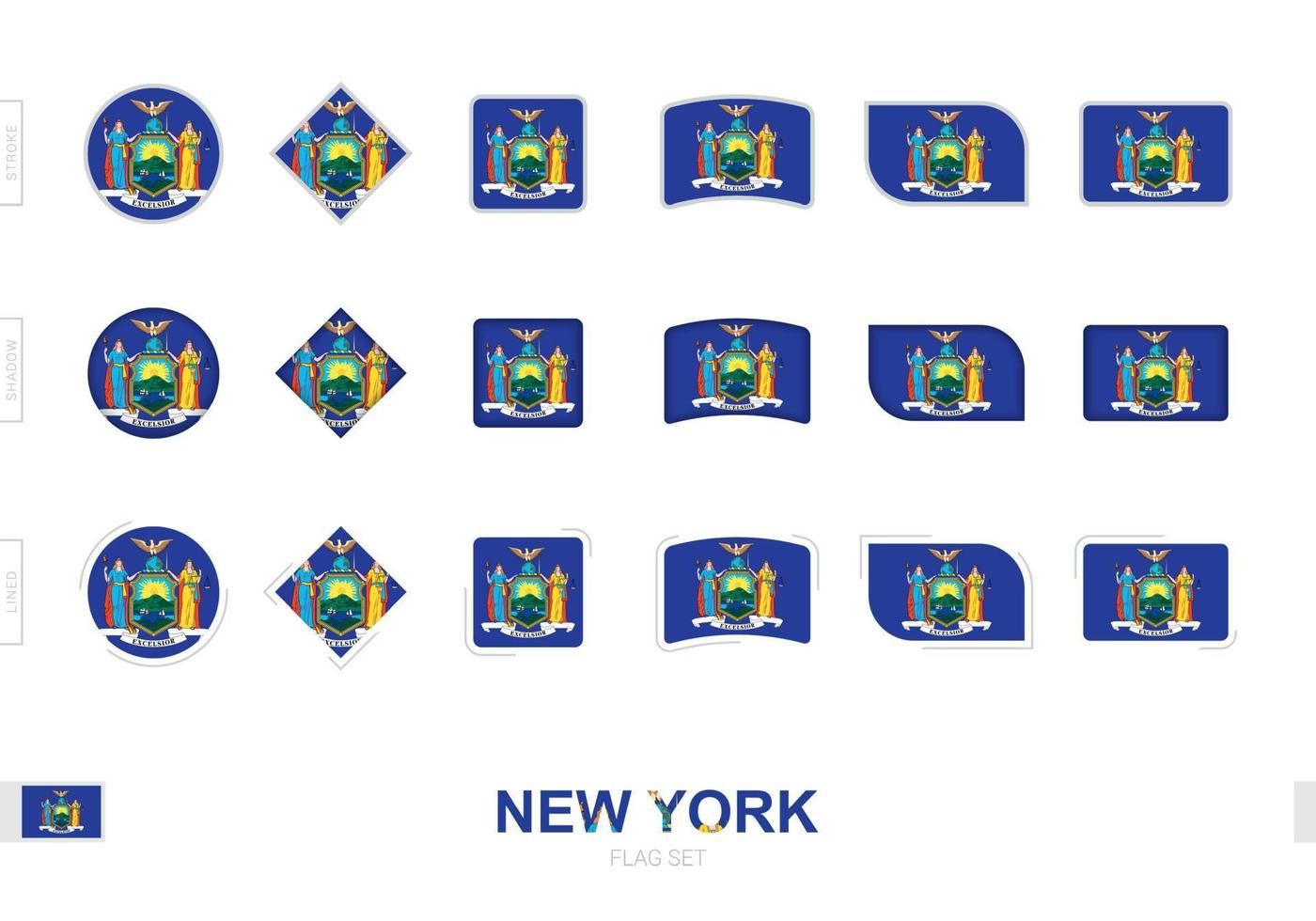set di bandiere di new york, semplici bandiere di new york con tre diversi effetti. vettore