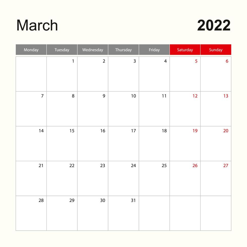 modello di calendario da parete per marzo 2022. pianificatore di vacanze ed eventi, la settimana inizia il lunedì. vettore