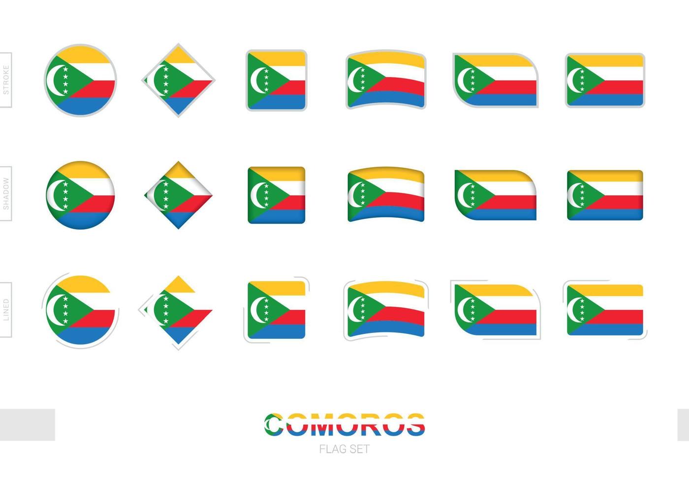 set di bandiere delle Comore, semplici bandiere delle Comore con tre diversi effetti. vettore