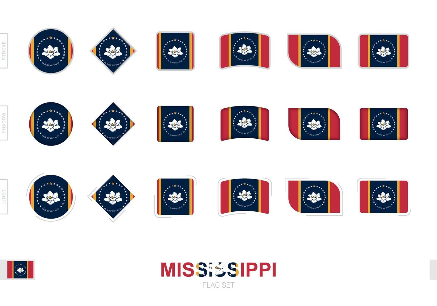 set flag mississippi, semplici bandiere di mississippi con tre diversi effetti. vettore