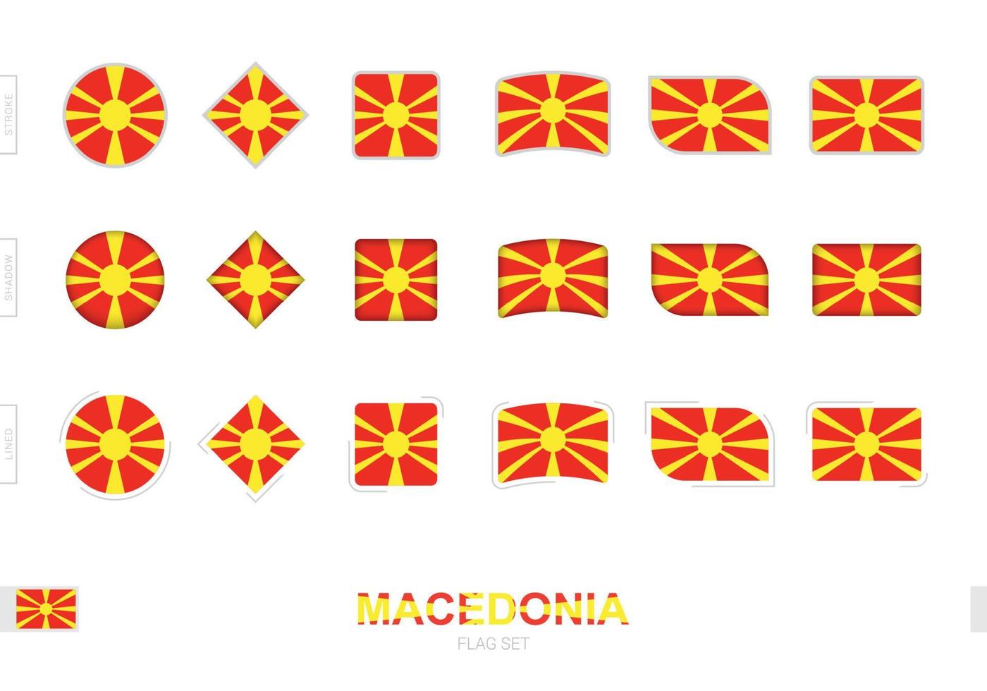 set bandiera macedonia, semplici bandiere della macedonia con tre diversi effetti. vettore