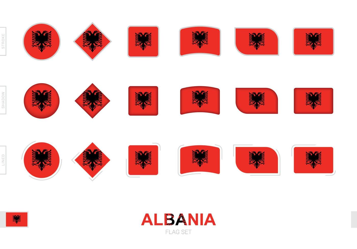 set di bandiere dell'albania, semplici bandiere dell'albania con tre diversi effetti. vettore