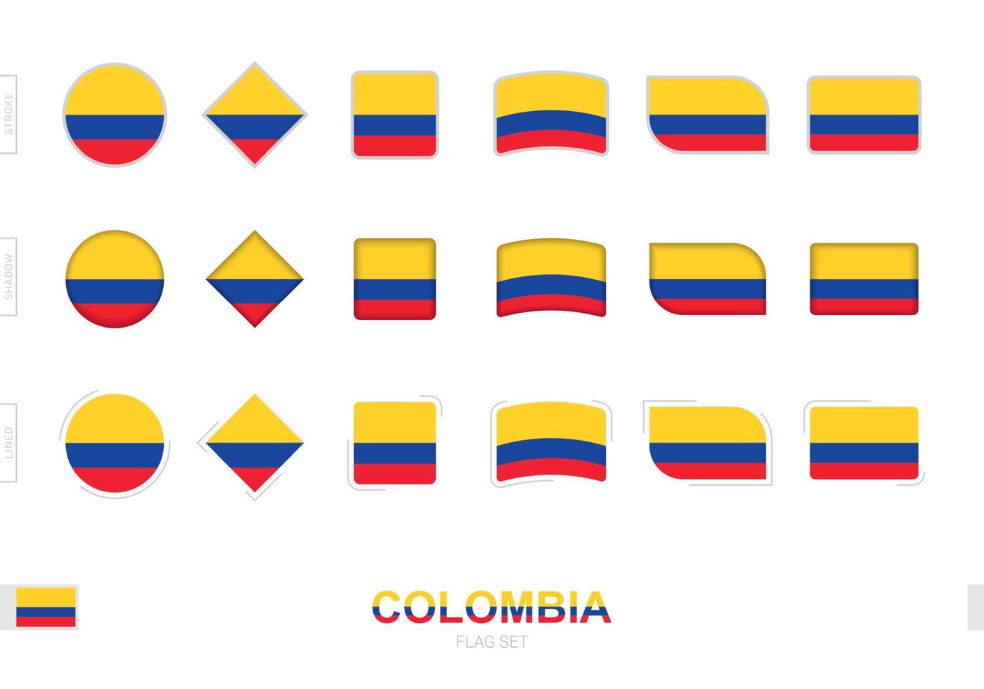 set di bandiere della colombia, semplici bandiere della colombia con tre diversi effetti. vettore