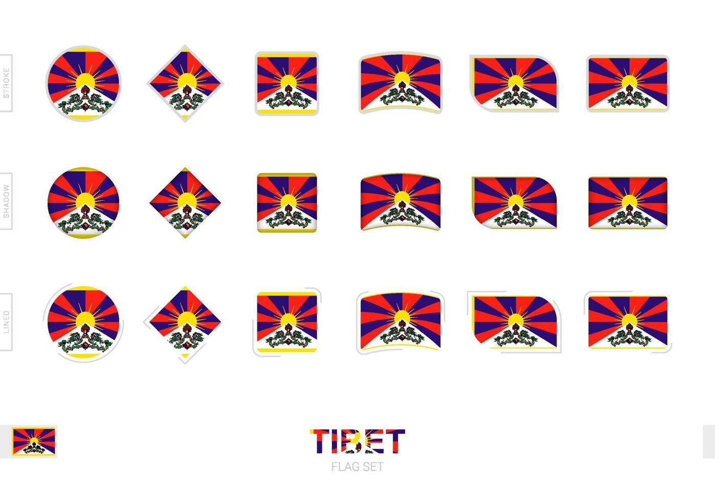 set di bandiere del tibet, semplici bandiere del tibet con tre diversi effetti. vettore