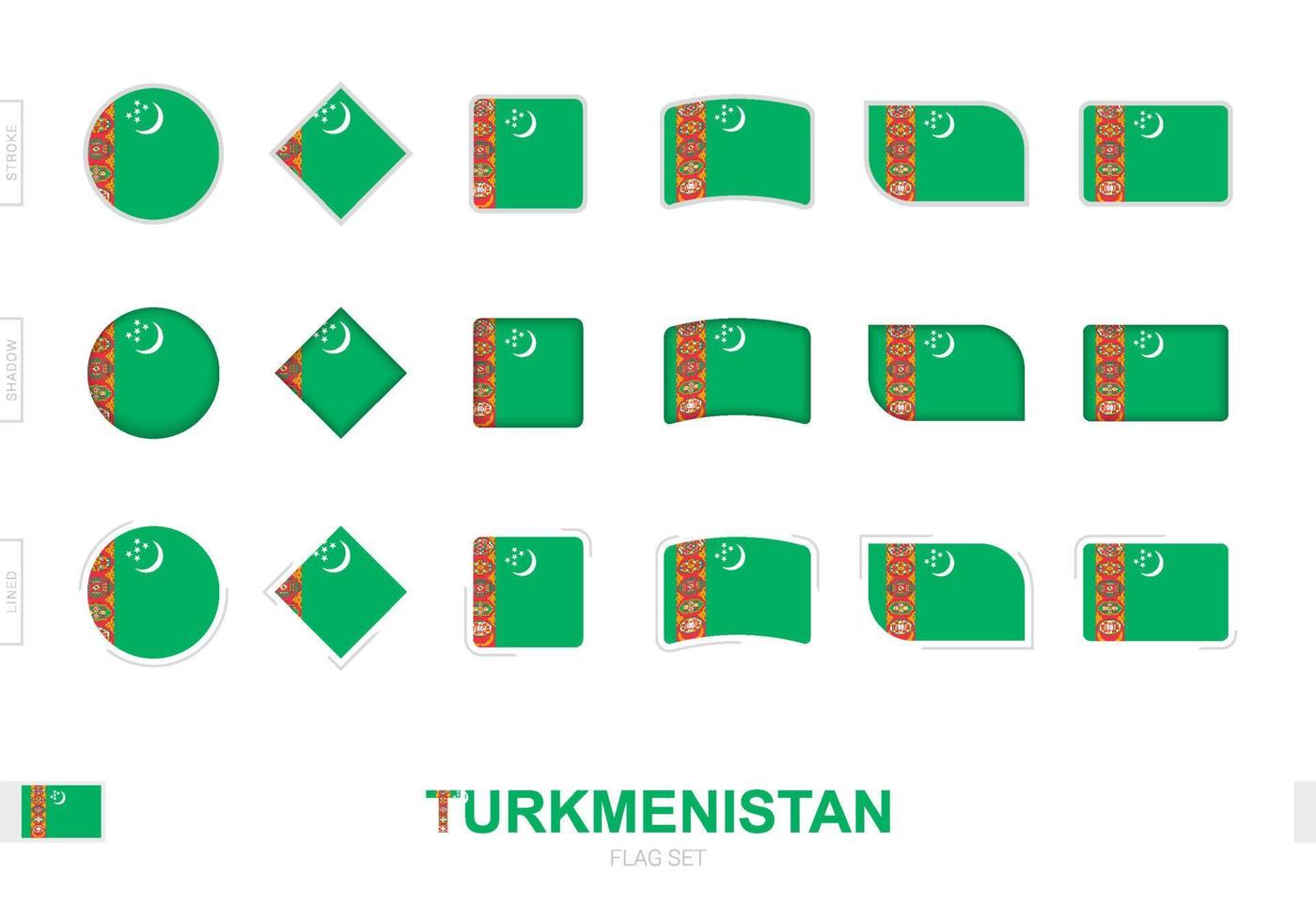 set di bandiere del turkmenistan, semplici bandiere del turkmenistan con tre diversi effetti. vettore
