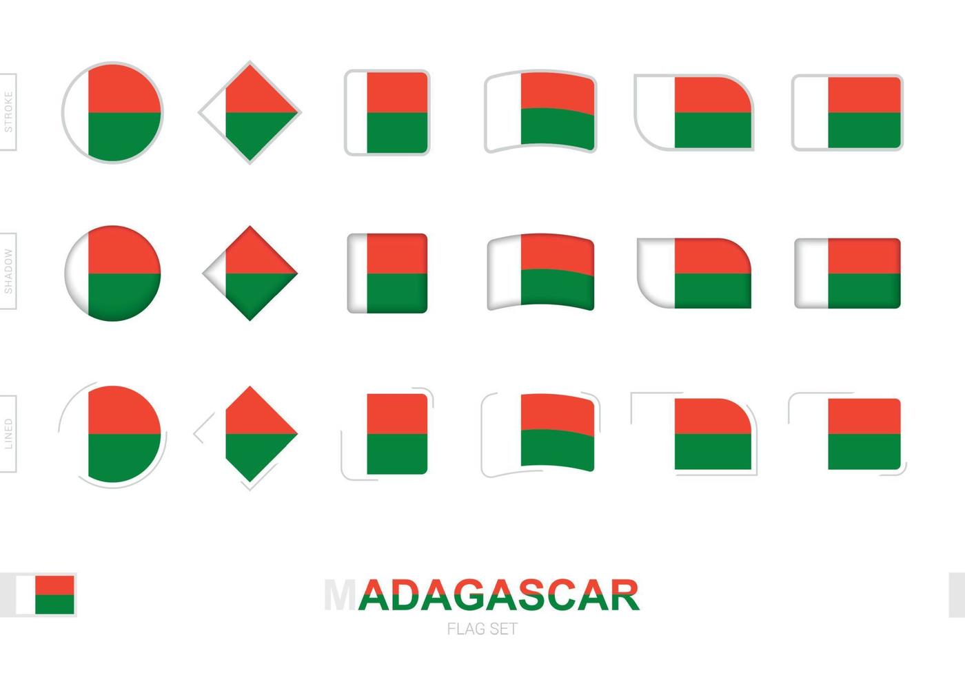 set di bandiere del madagascar, semplici bandiere del madagascar con tre diversi effetti. vettore