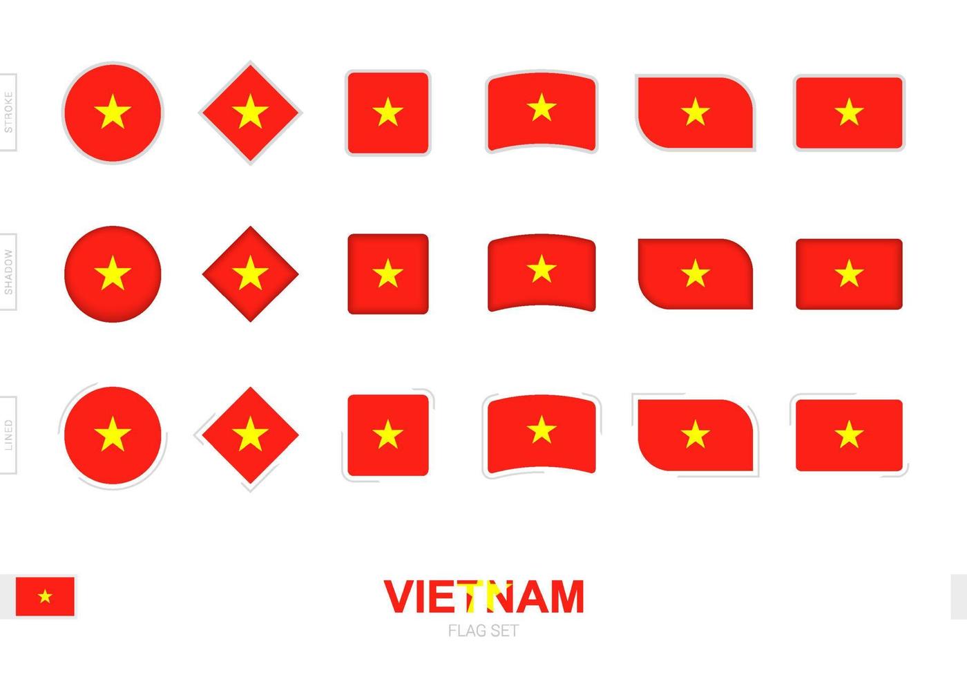 set di bandiere del vietnam, semplici bandiere del vietnam con tre diversi effetti. vettore