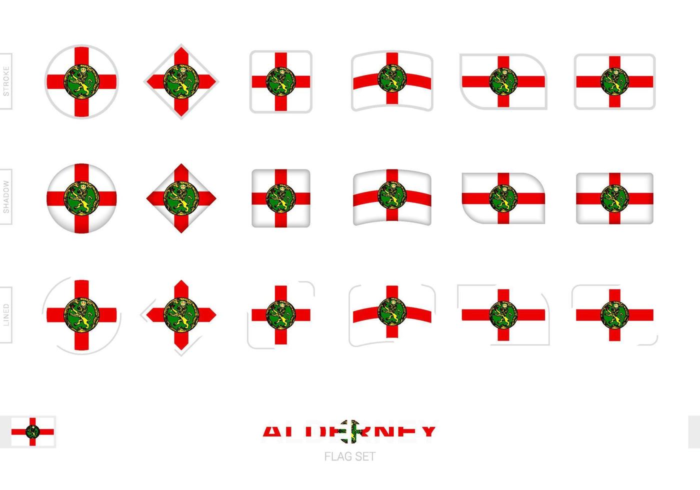 set di bandiere alderney, semplici bandiere di alderney con tre diversi effetti. vettore