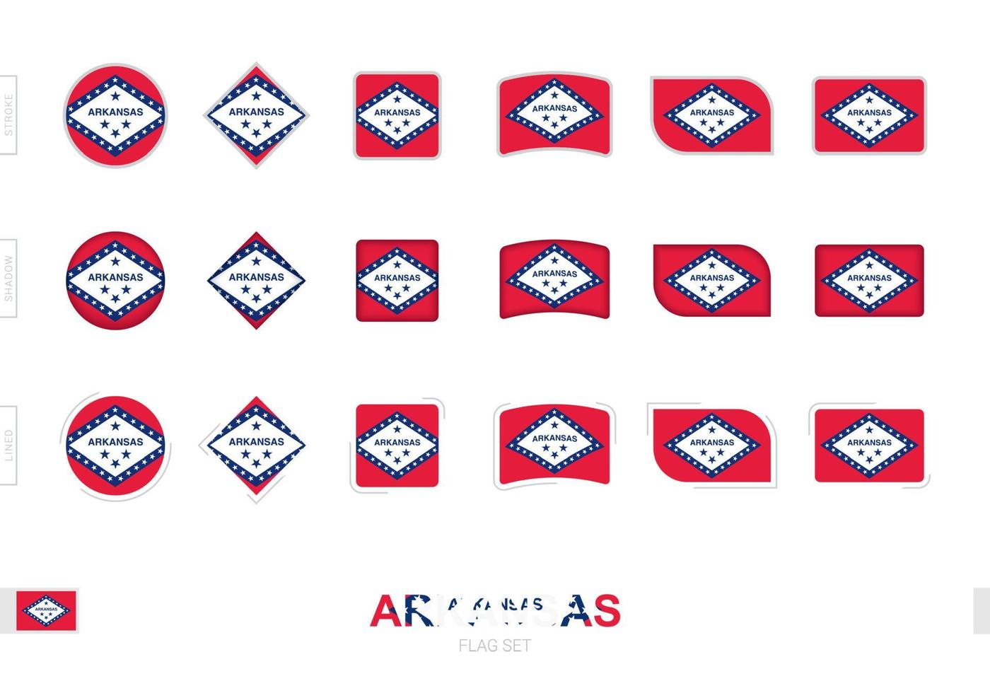 set di bandiere dell'Arkansas, semplici bandiere dell'Arkansas con tre diversi effetti. vettore