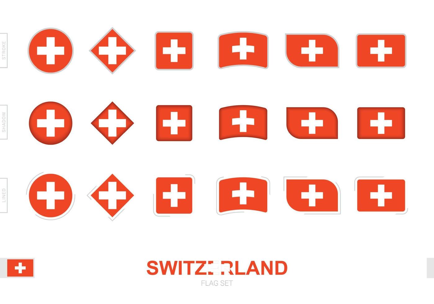 set di bandiere della svizzera, semplici bandiere della svizzera con tre diversi effetti. vettore