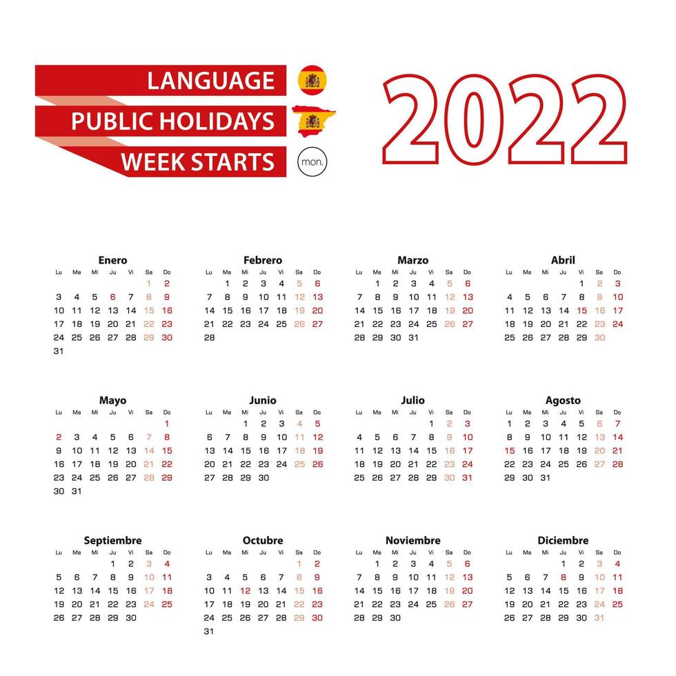 calendario 2022 in lingua spagnola con giorni festivi il paese di spagna nell'anno 2022. vettore