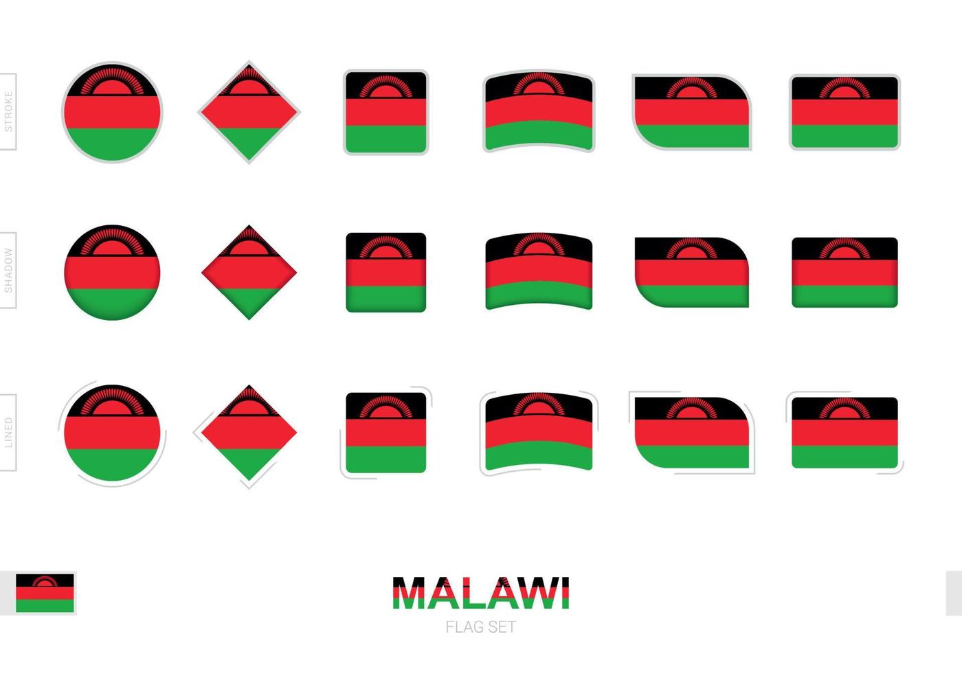 set di bandiere del malawi, semplici bandiere del malawi con tre diversi effetti. vettore