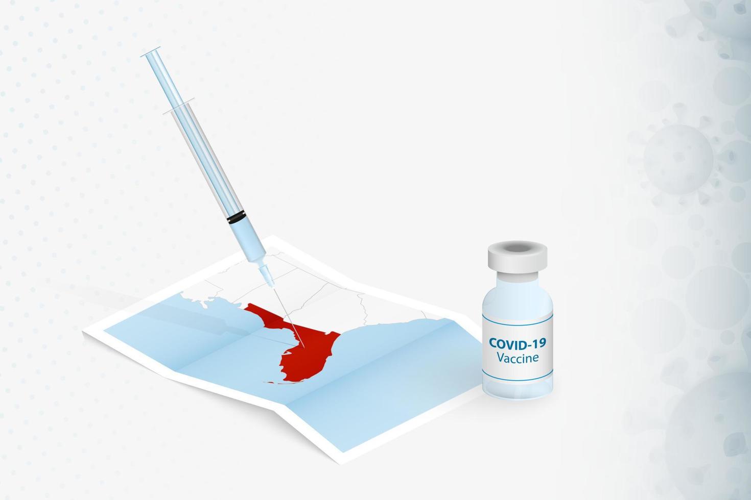 vaccinazione della florida, iniezione con il vaccino covid-19 nella mappa della florida. vettore