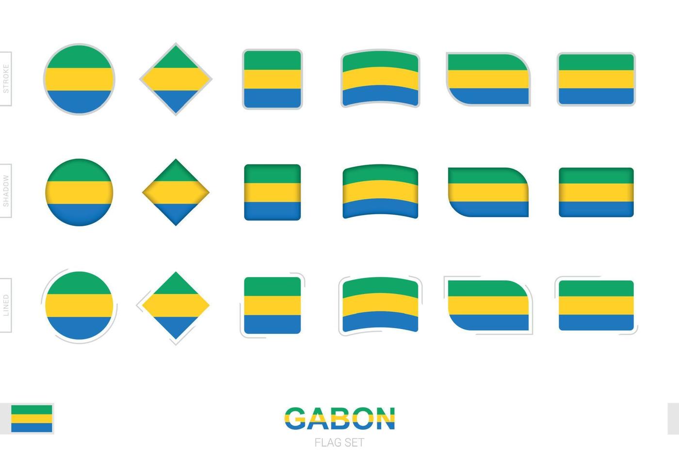 set di bandiere del gabon, semplici bandiere del gabon con tre diversi effetti. vettore