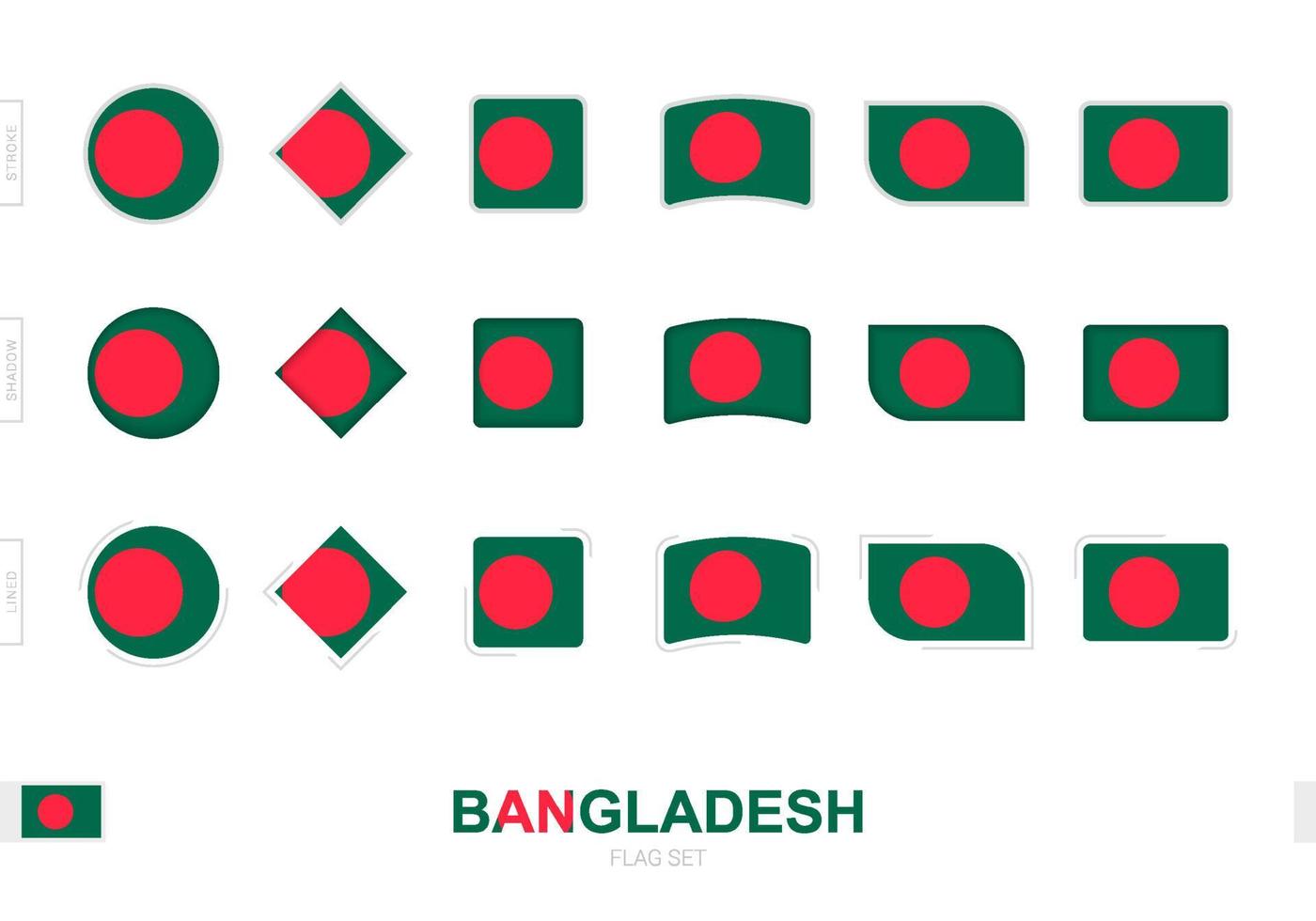 set di bandiere del bangladesh, semplici bandiere del bangladesh con tre diversi effetti. vettore