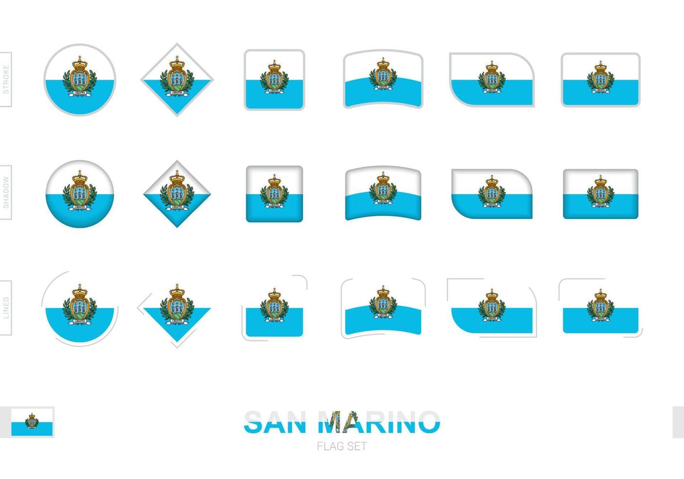 set bandiera san marino, semplici bandiere del san marino con tre diversi effetti. vettore