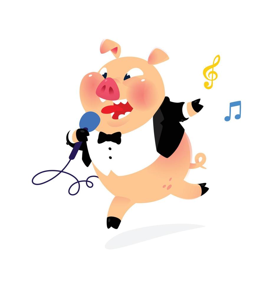 illustrazione di un maiale con un microfono e in un frac. vettore. artista di canti popolari in costume di maiale. mascotte per music club, bar, karaoke. immagine brillante del fumetto. vettore
