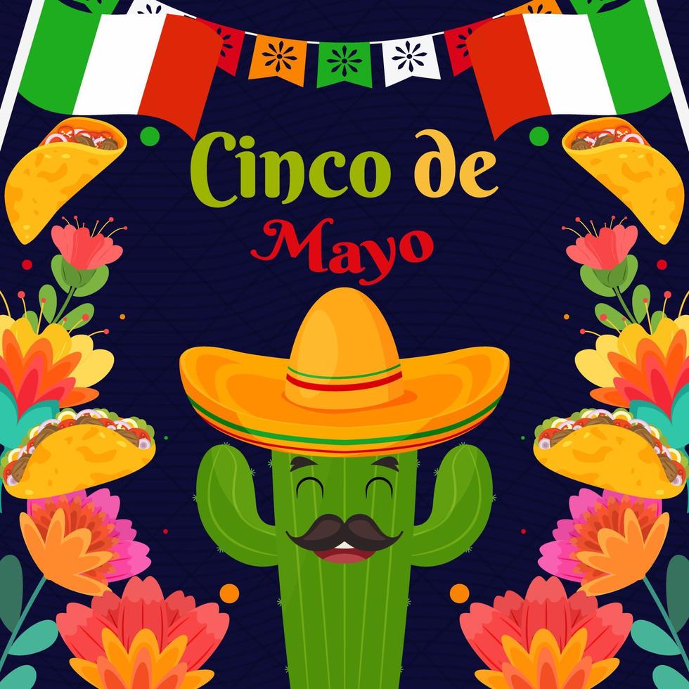 piatto cinco de mayo festival vacanza cactus con sfondo sombrero vettore