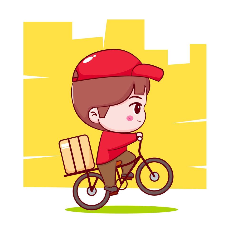simpatico cartone animato di uomo delle consegne in bicicletta. fondo isolato carattere chibi disegnato a mano. vettore
