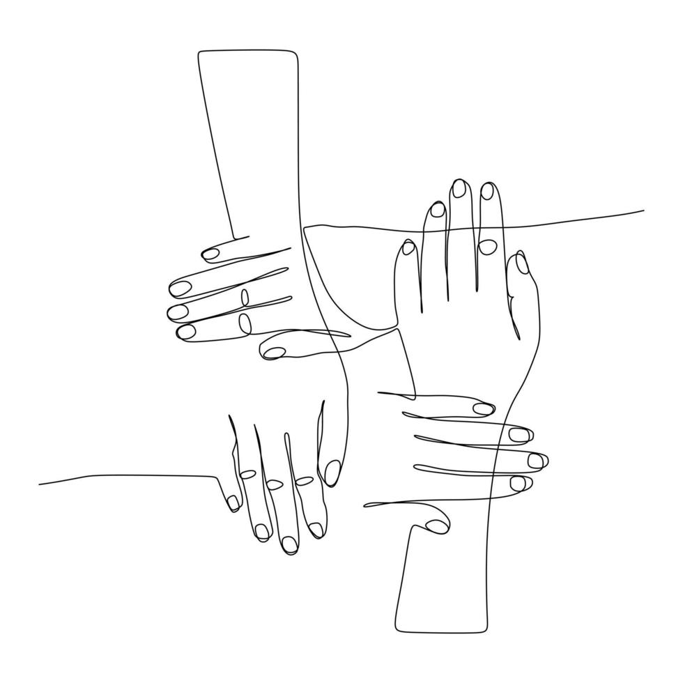 quattro mani che si tengono l'un l'altro gesto disegno a linea continua. segno o simbolo di gesti delle mani. un disegno di linea di doodle d'arte in stile disegnato a mano isolato su sfondo bianco per il concetto di business vettore