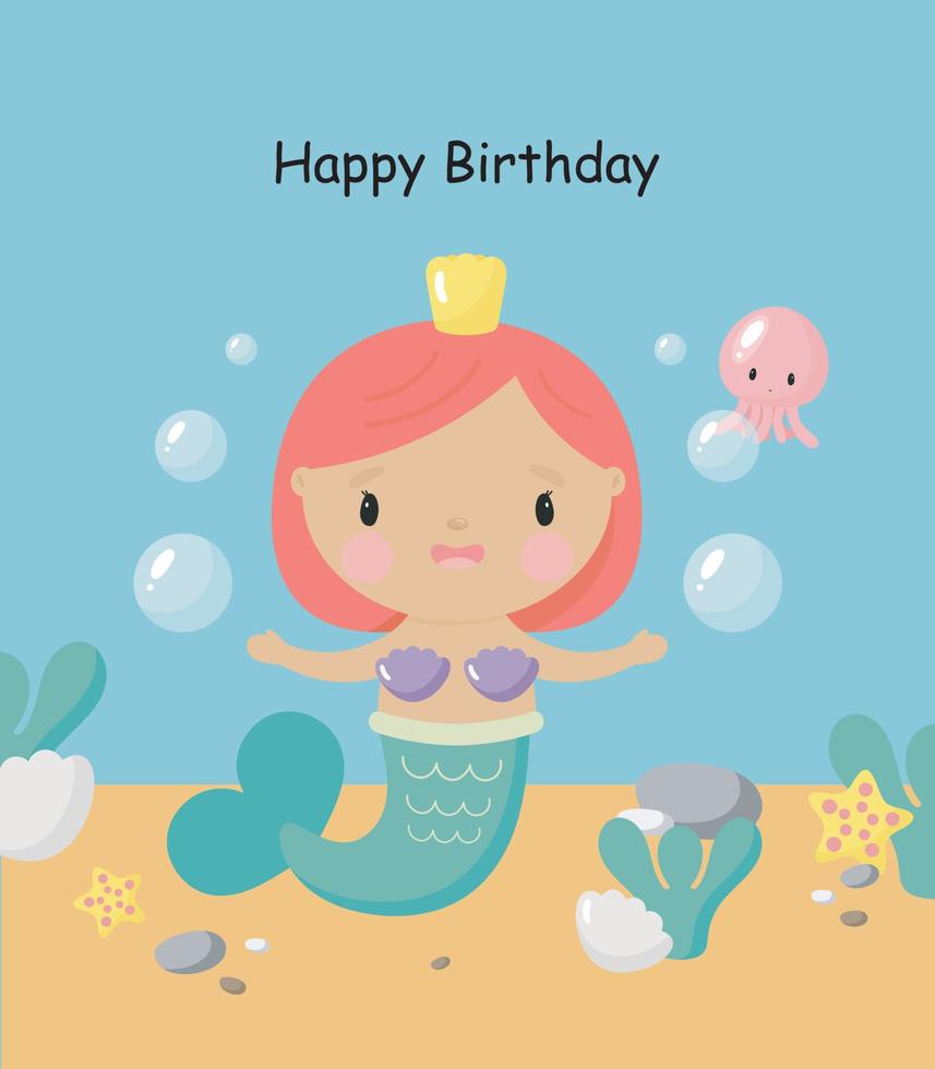 festa di compleanno, biglietto di auguri, invito a una festa. illustrazione per bambini con sirena carina. illustrazione vettoriale in stile cartone animato.